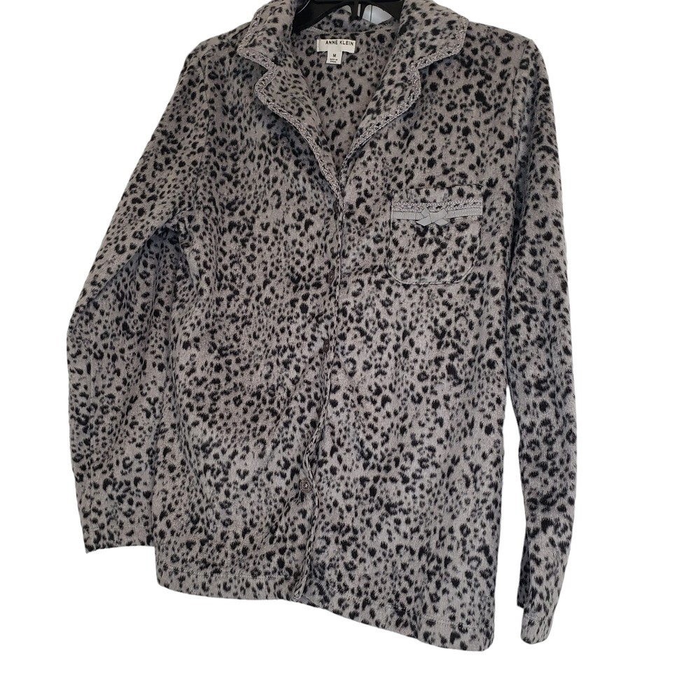 Anne Klein Animal Print 2 Piece Pajama Set Sleepwear Gray Black‎ Buttons Medium